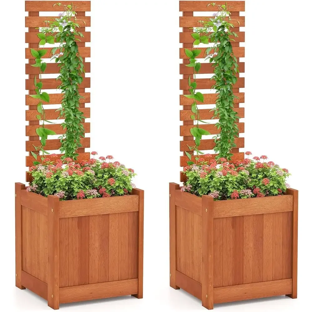 Raised Garden Bed Set with Trellis, 2 Outdoor Planters, 18 Deep, Open-Ended Base for Climbing Plants