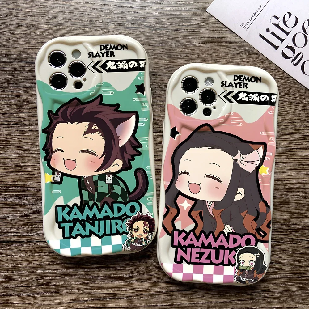 Demon Slayer Nezuko Tanjirou Phone Case for iPhone 16 15 14 Plus 13 12 Mini 11 Pro Max X Xs XR 7 8 3D Creamy Wave Soft Cover