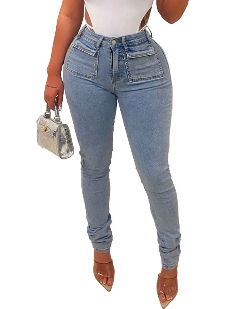 Street Ripped Holes With Pearls Denim Pencil Pants Women Pocket Zip High Waist Pants Night Clubwear Party Skinny Denim Jeans