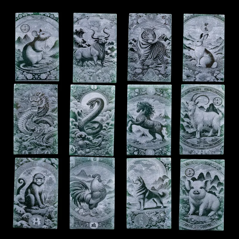 

Natural A-grade Jadeite Zodiac Brand Blue Water Material Double sided Precision Shadow Carving Jade Safety pendant energy