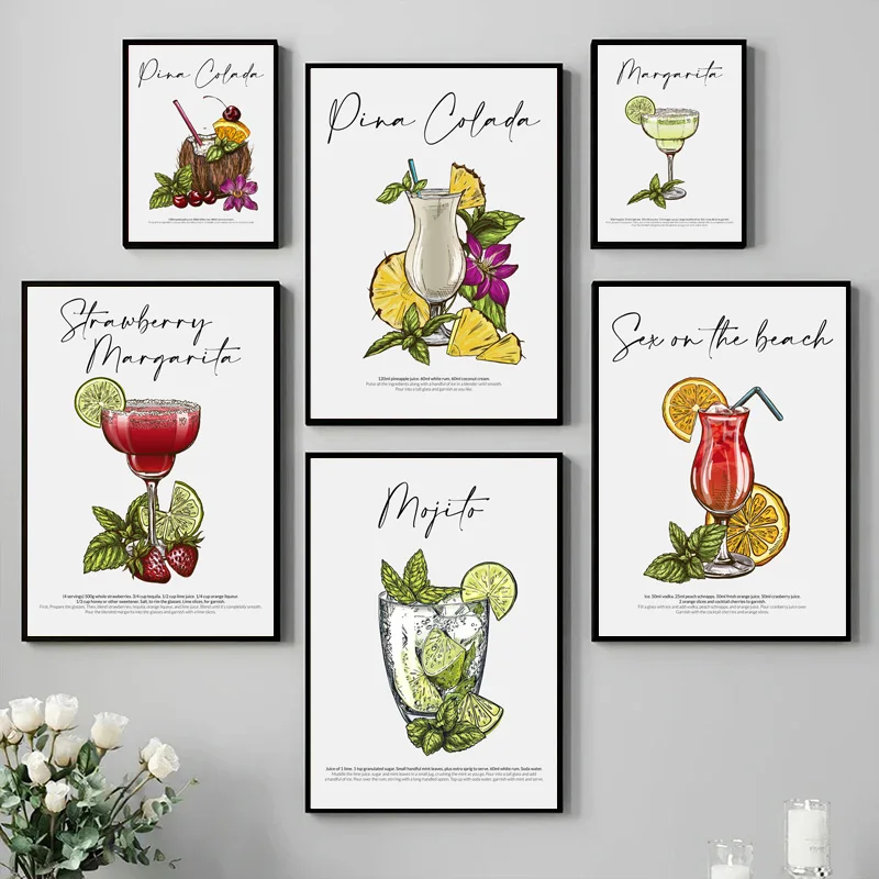 Simple Illustration Abstract Mixology Various Alcoholic Drinks Mojito Bar Poster Canvas Painting Wall Art Pictures Home Decor