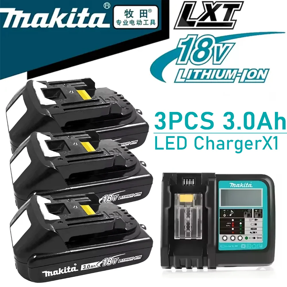 

Аккумулятор Makita, 3 аккумулятора Makita 18В 3Ач + зарядное устройство, аккумулятор для электроинструментов Makita DDF487 DGA404 DTW700 DTD172 DHP489 DJV182