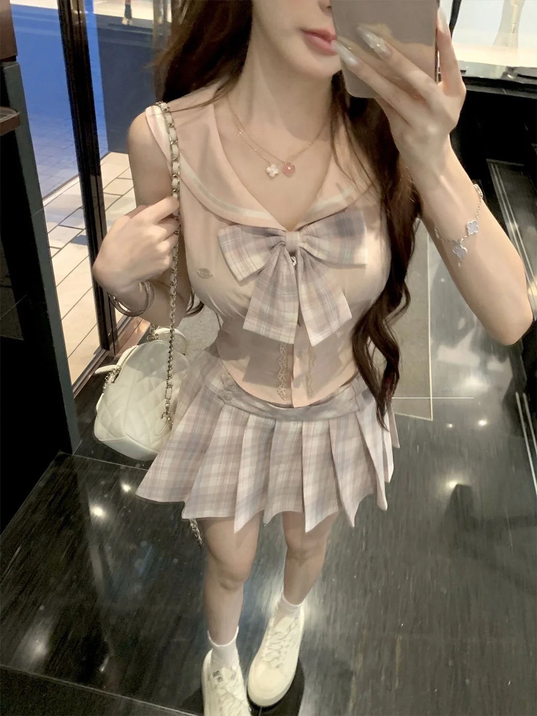 

Burjuman Pink Cherry Blossom Sweet Pure Desire Japanese Style Naval Collar Shirt High Waist Slim A-Line Pleated Skirt