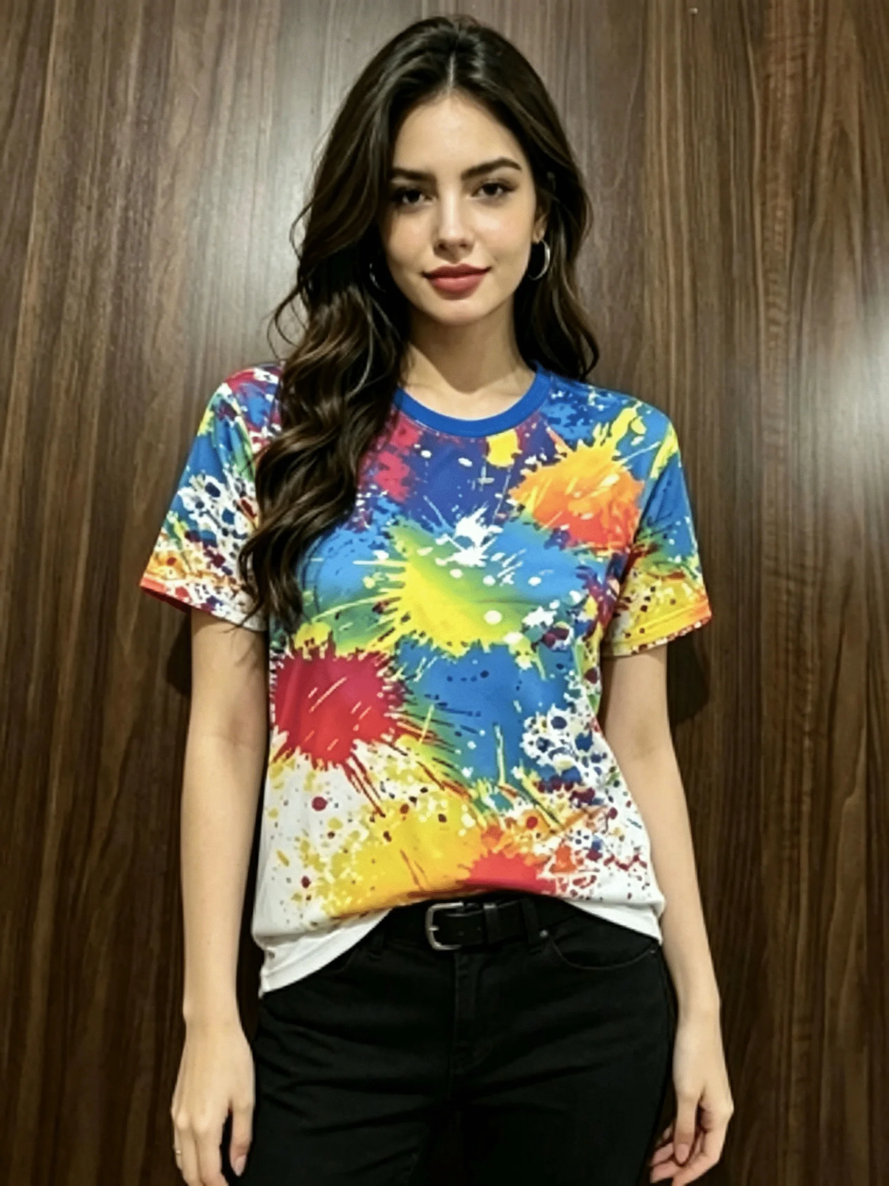 Women Crew Neck Short Sleeve T-shirt Colorful Paint Splash Print Contrast Collar Casual Streetwear Summer Hip Hop Daily Top