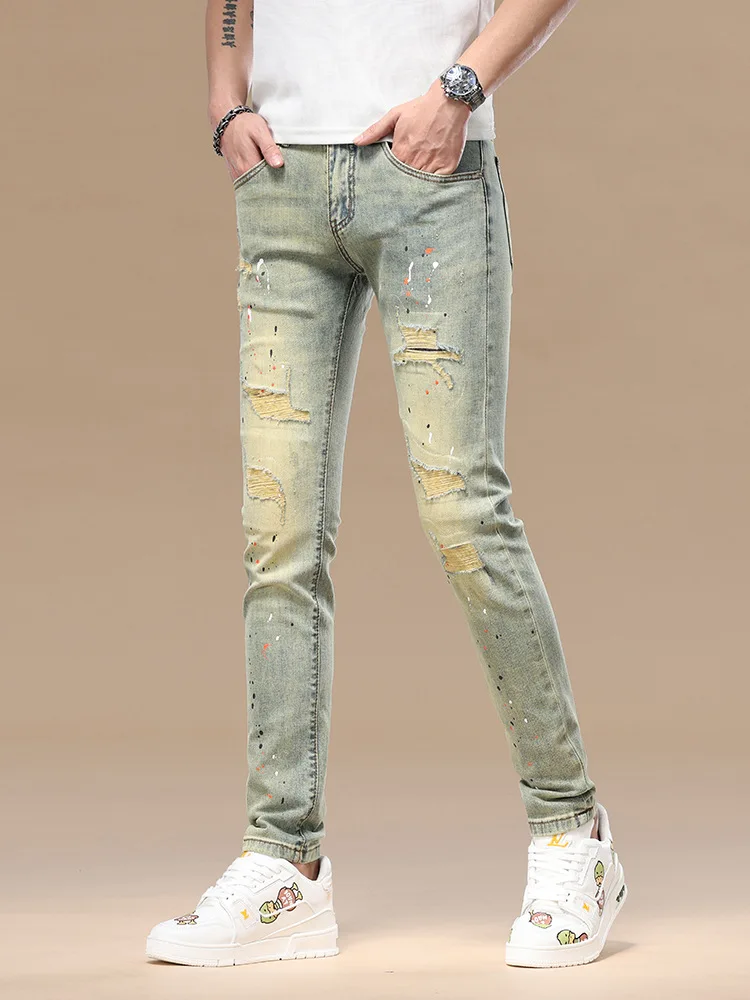 

Высококачественные потертые мужские джинсы в стиле ретро, девять дюймов, облегающие маленькие ноги, брызги чернил, весна-лето 202, новые эластичные модные брюки