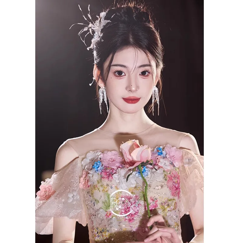 Zoete bloem off-shoulder avondjurk 2025, luxe kanten trouwfoto's schieten bruidjurk, klassieke op maat gemaakte feestjurken