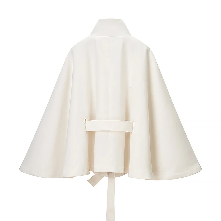 YENKYE Stand Collar Flare Sleeve Elegant Woolen Coat Women Single Button With Belt Autumn Winter Short Outerwear Lady Outfits