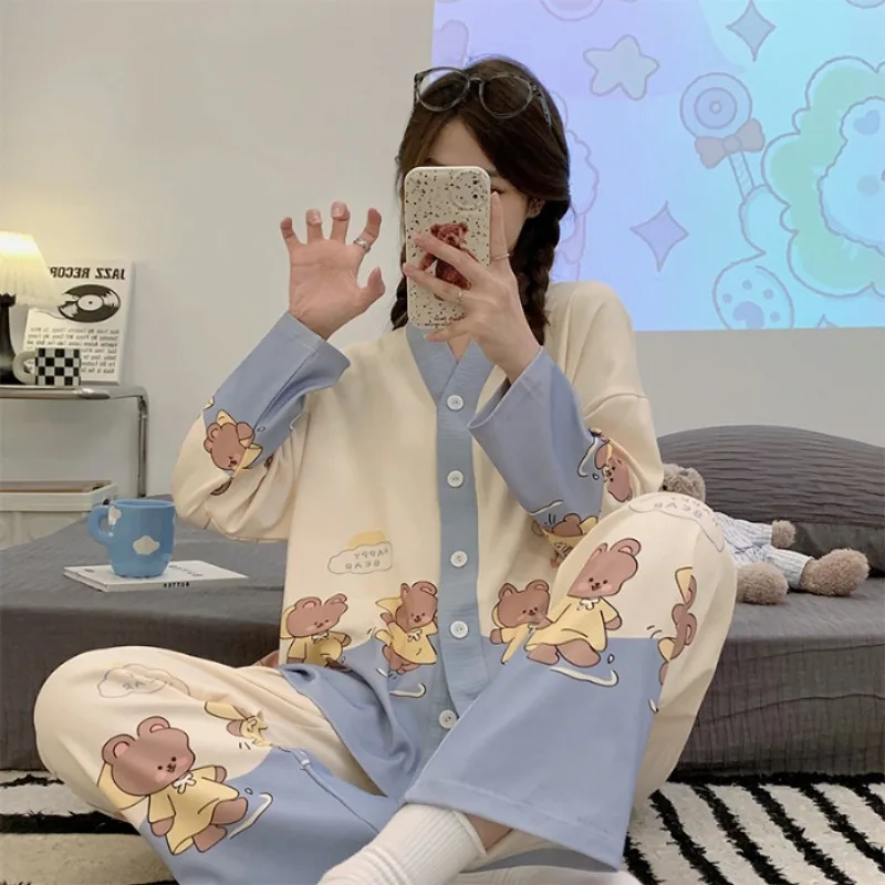 Women‘s Pajamas Cardigan Plaid Tops and Trousers Sleepwear Homewear Casual Cute Caroon Nightwear Loungewear Autumn and Winter