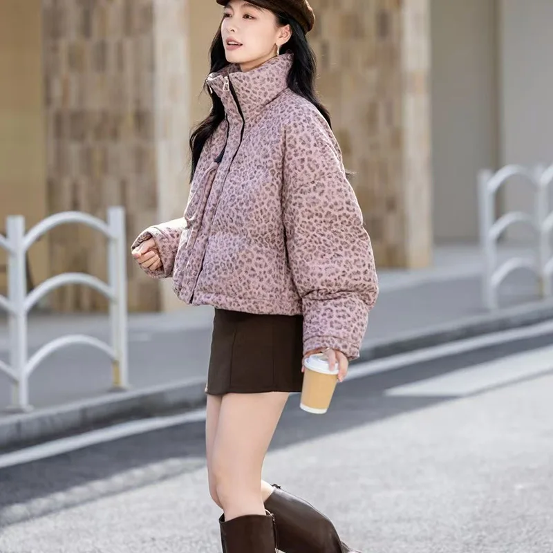 Leopard Print 90% Down Feathered Women's Jacket Winter Short Fashion Stand Collar Loose Warm Thicken Coats 2025 Lady Outwear