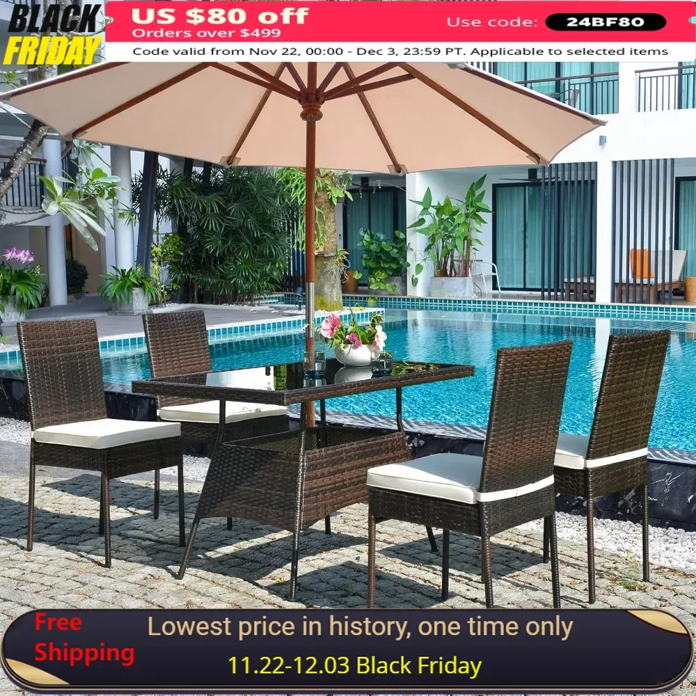 Garden Table, Set of 5, Patio Wicker Table and Chairs with Tempered Glass Table Top and Upholstery, Patio Dining Table Set