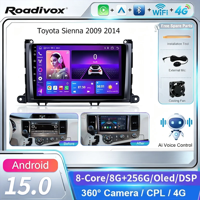 AI VOICE roadivox Android car radio for Toyota Sienna 2009 2014 stereo GPS Navigation video Multimedia Player tape recorder