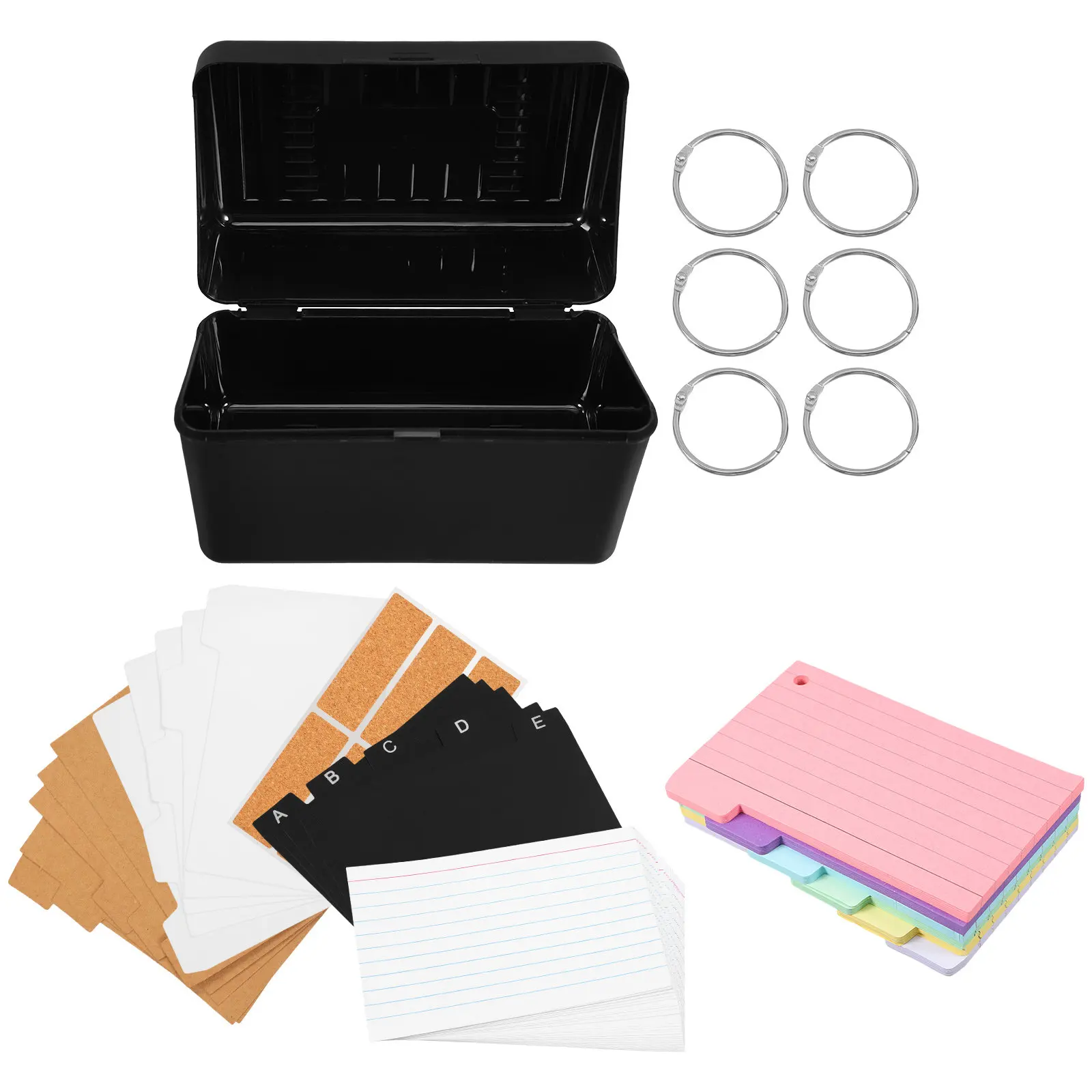 

Набор для организации индексных карточек: черный настольный органайзер с 6 цветными разделителями и линованными карточками для заметок для дома, офиса, школы