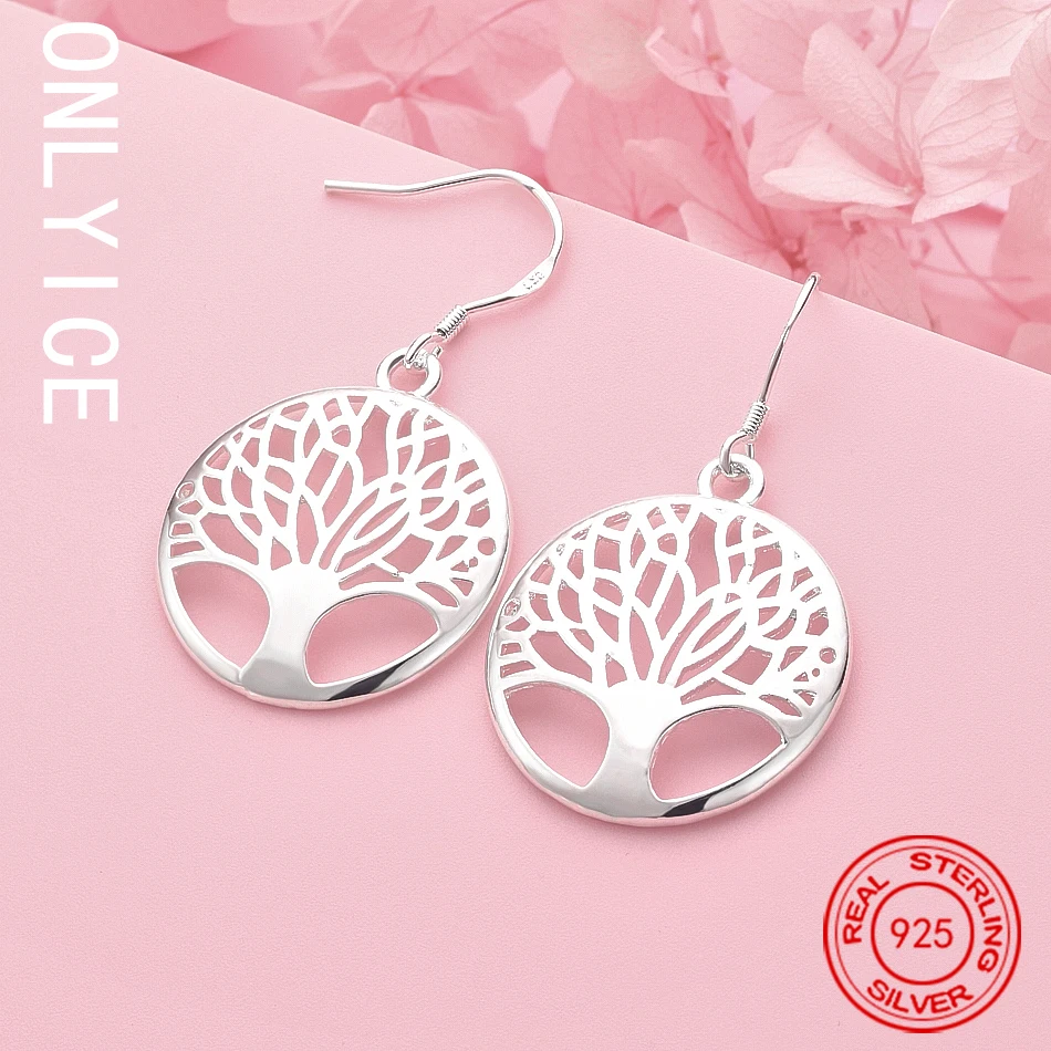 

New 925 Sterling Silver Earrings For Women High Quality Jewelry Hollow Carved Round Tree Christmas Gifts