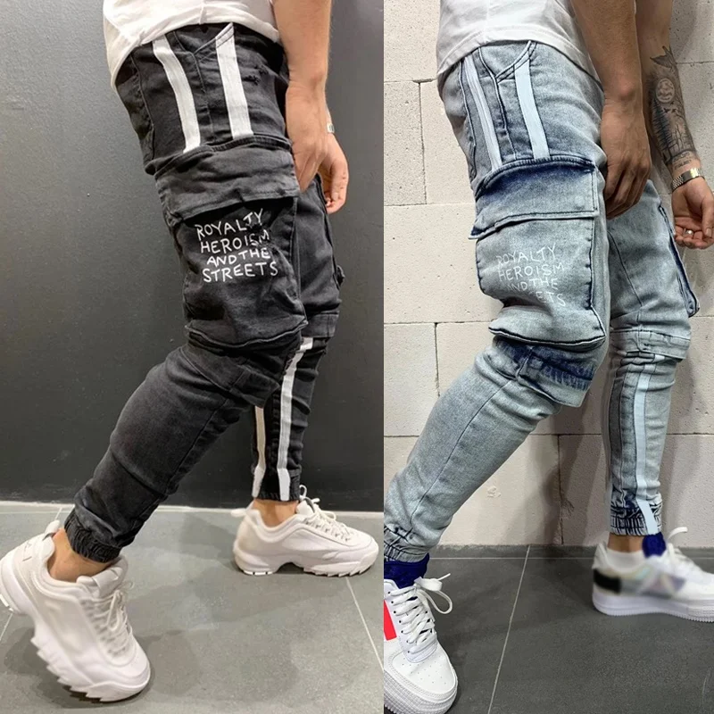 Multi Pocket Men's Pants Jeans 2023 New Straight Cycling Loose Blue with Side Pockets Casual Men Clothing