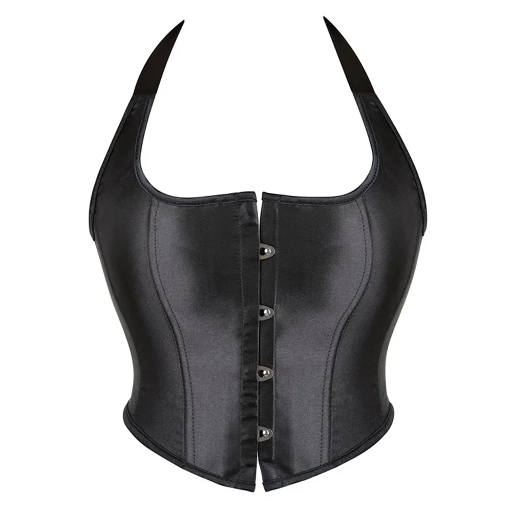 

Women Black Satin Sexy Halter Corsets Crop Tops Lingerie Body Shaper Overbust Short Bustiers Vest
