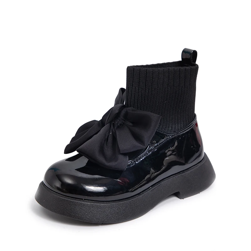 Girls Black Non-slip Kids Fashion Bow Elegant 2022 Glossy UK Uniform Child School Shoes Simple Casual 2022 Sock Boots Breathable