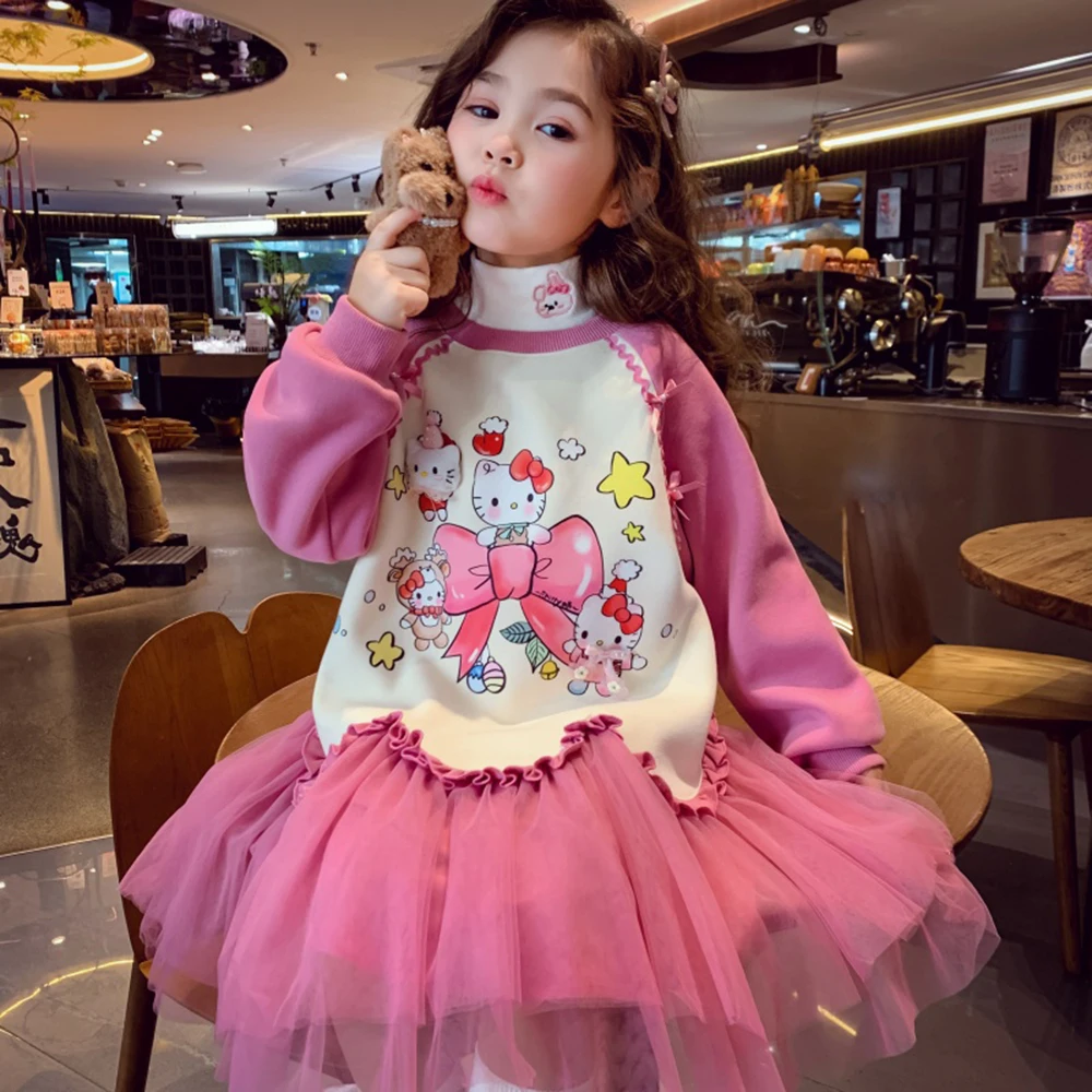

Розовое платье HelloKitty для девочек, новинка 2025, зимнее теплое детское милое лоскутное сетчатое платье трапециевидной формы на флисовой подкладке в стиле принцессы