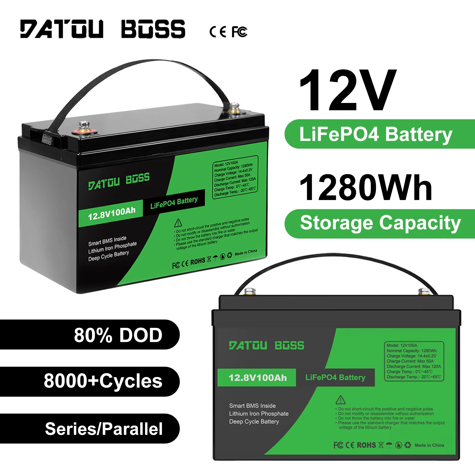 DATOUBOSS Lithium Battery 12V 100Ah200Ah300Ah Lifepo4 Batter Built-in BMS Rechargeable  Deep Cycle for Solar System Camping Car