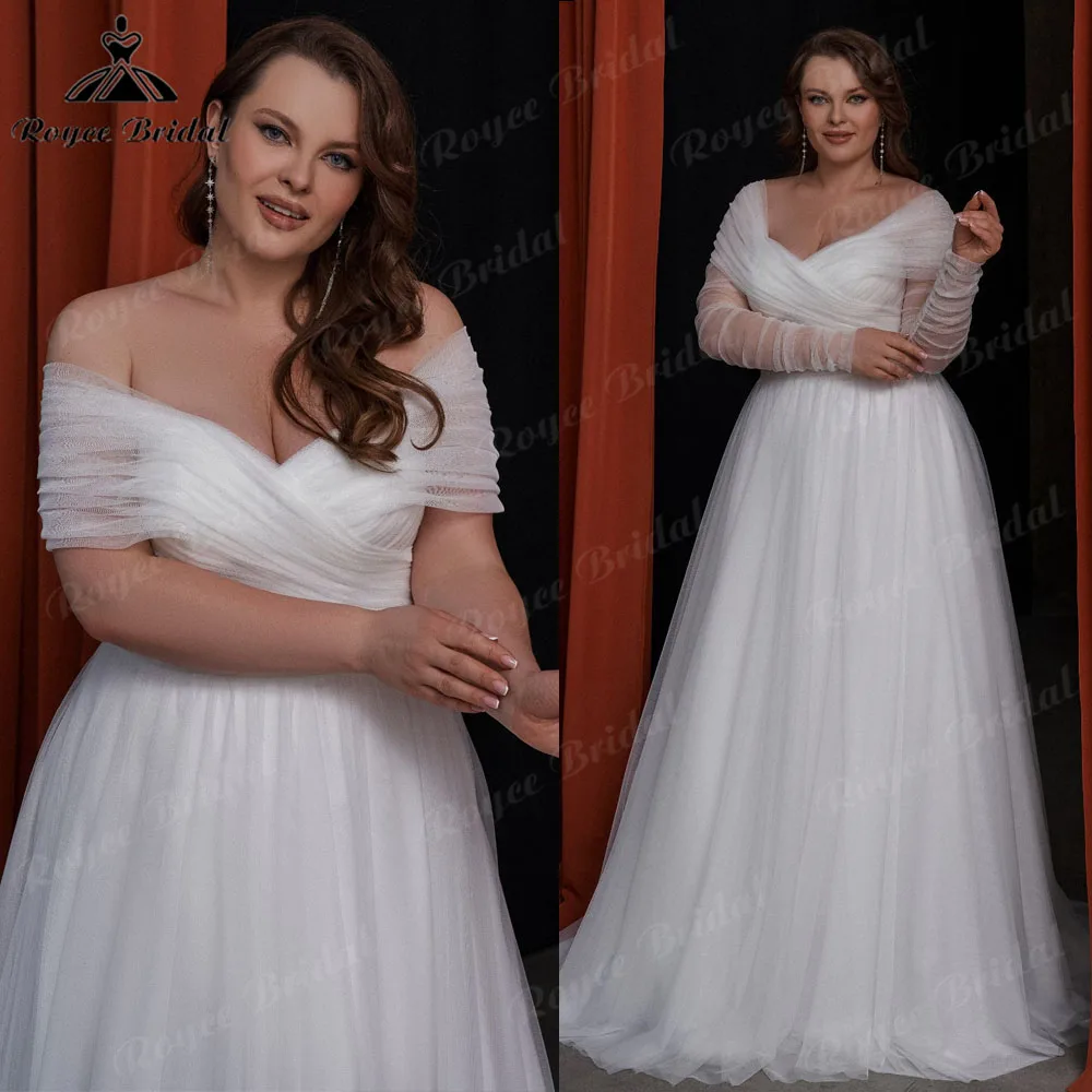 Plunging V Neck Off Shoulder Plus Size Wedding Dress for Women 2025 Bridal Gown with Removable Long Sleeves vestidos boda civil