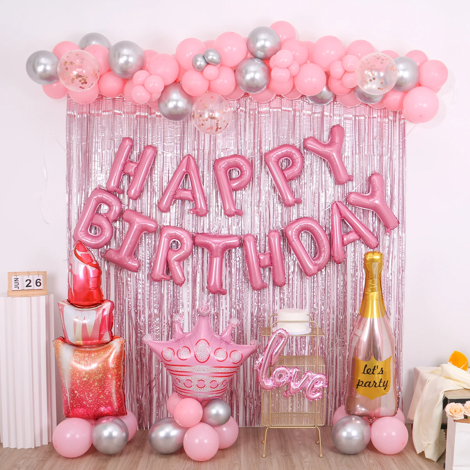 Ladies pink birthday party decoration, happy birthday for girls, pink tassel birthday banner, happy birthday letter balloon