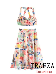 TRAFZA Vintage Casual Chic Women Suit Print Halter Sleeveless Short Slim Vest Ruffles Long Skirt Fashion 2024 Summer Boho Sets