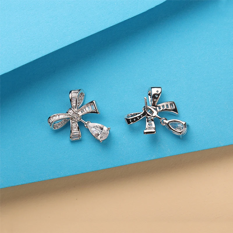 Luomansi bow-knot Silver Earrings for Women Water Drop High Carbon Diamond S925 Fine Jewelry Wedding Engagement Party Gift