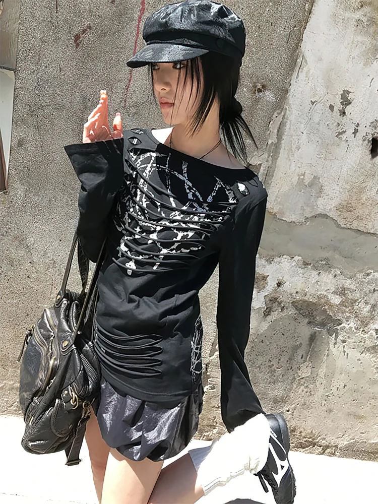 ممزق Y2k أسود كم طويل تي شيرت المرأة خمر هول طباعة الأساسية الأعلى الكورية فضفاض عادية تيز Pulover #5