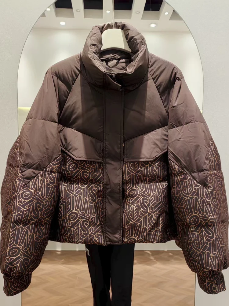 Style coréen hiver nouveau imprimé brodé doudoune femmes Style court col montant mode blanc canard vers le bas manteau