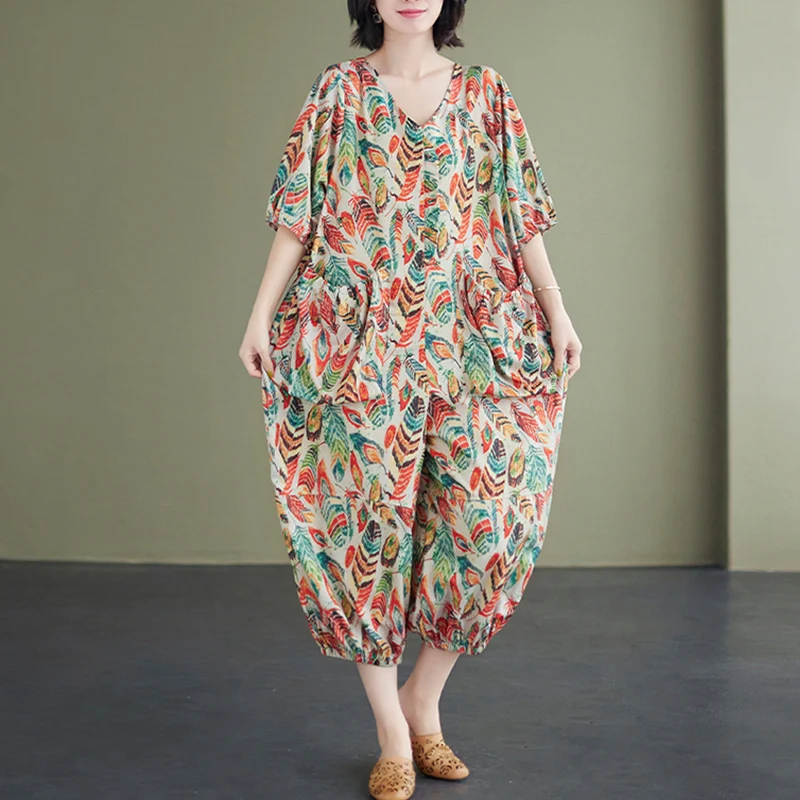 Pantalones informales holgados con estampado de lino y algodón para mujer, monos de talla grande con pantalones tipo farol grandes, pantalones de nueve puntos