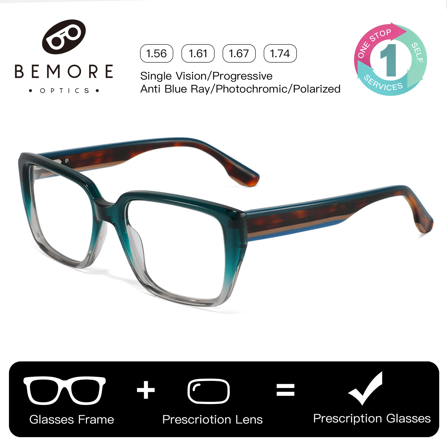 BEMORE Square Prescription Eyewear Unisex Anti-Blue Light Lenses and Frames Handmade Acetate Women's Reading Glasses
