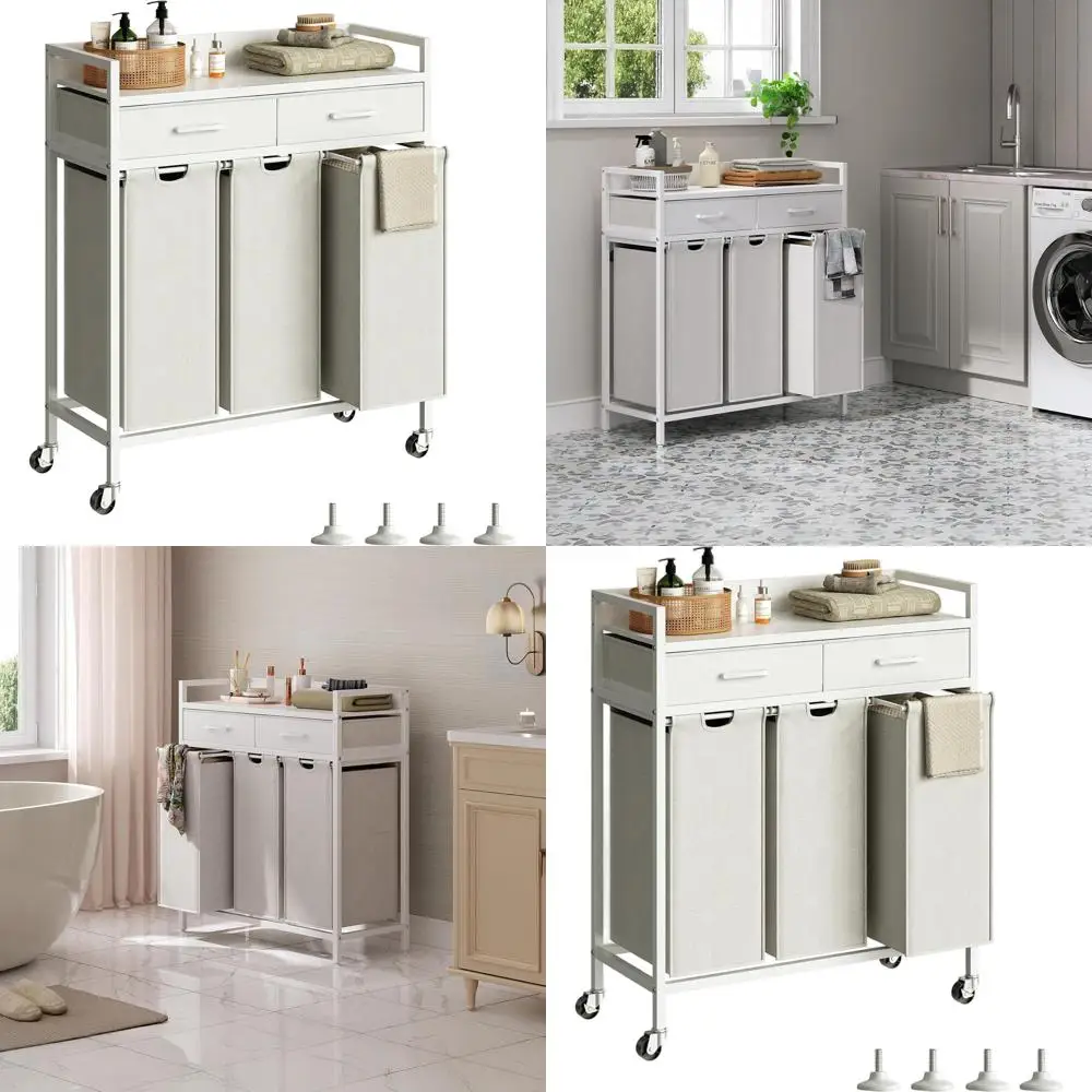 

3-Section Rolling Laundry Hamper with Storage Drawers, 3 x 50L Capacity, White