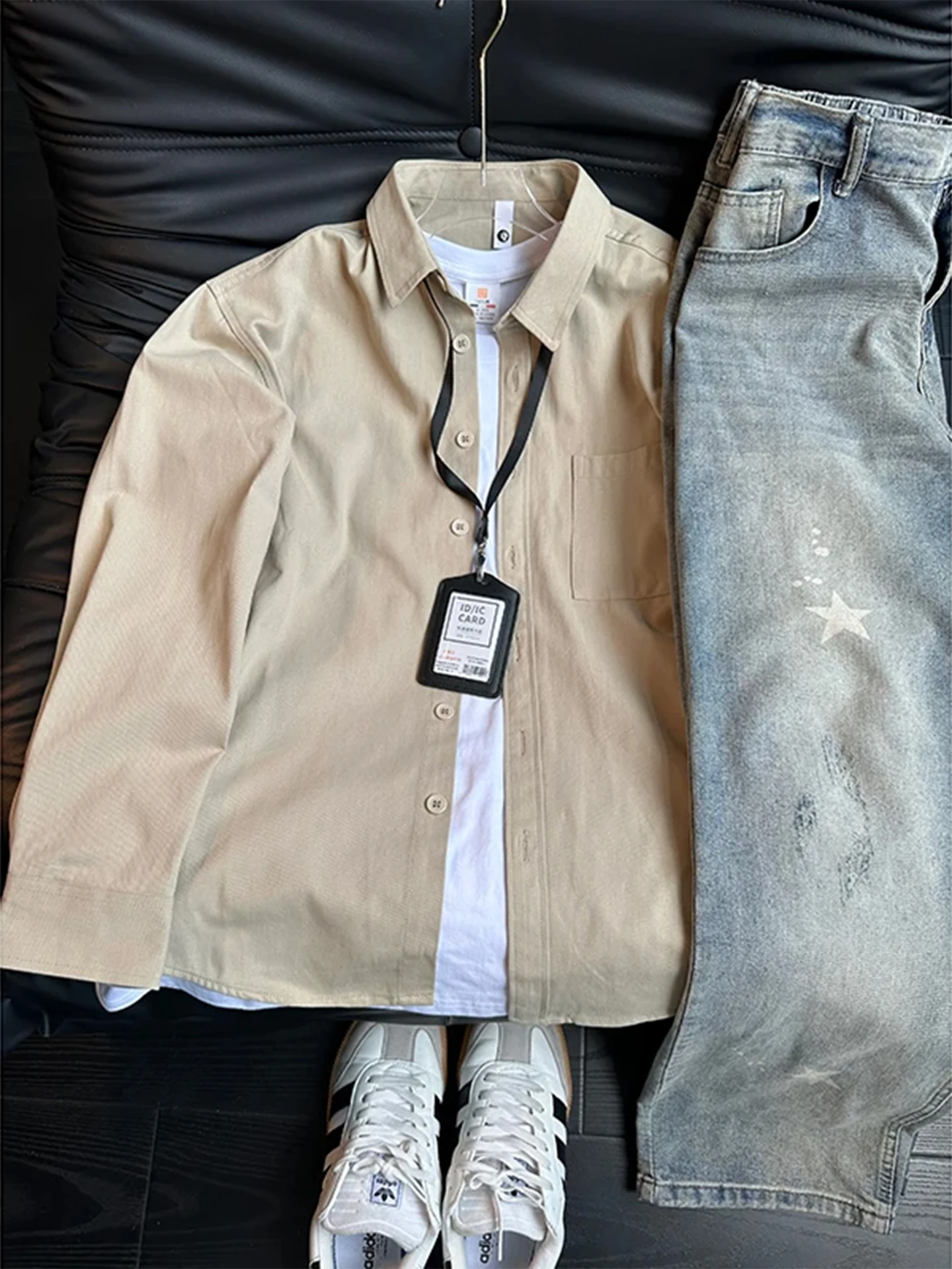 

Khaki Long Sleeve Cotton Shirt Men's Casual Style Autumn Commute Outerwear Standard Fit Flat Weave Fabric Iron Free Pocket De...