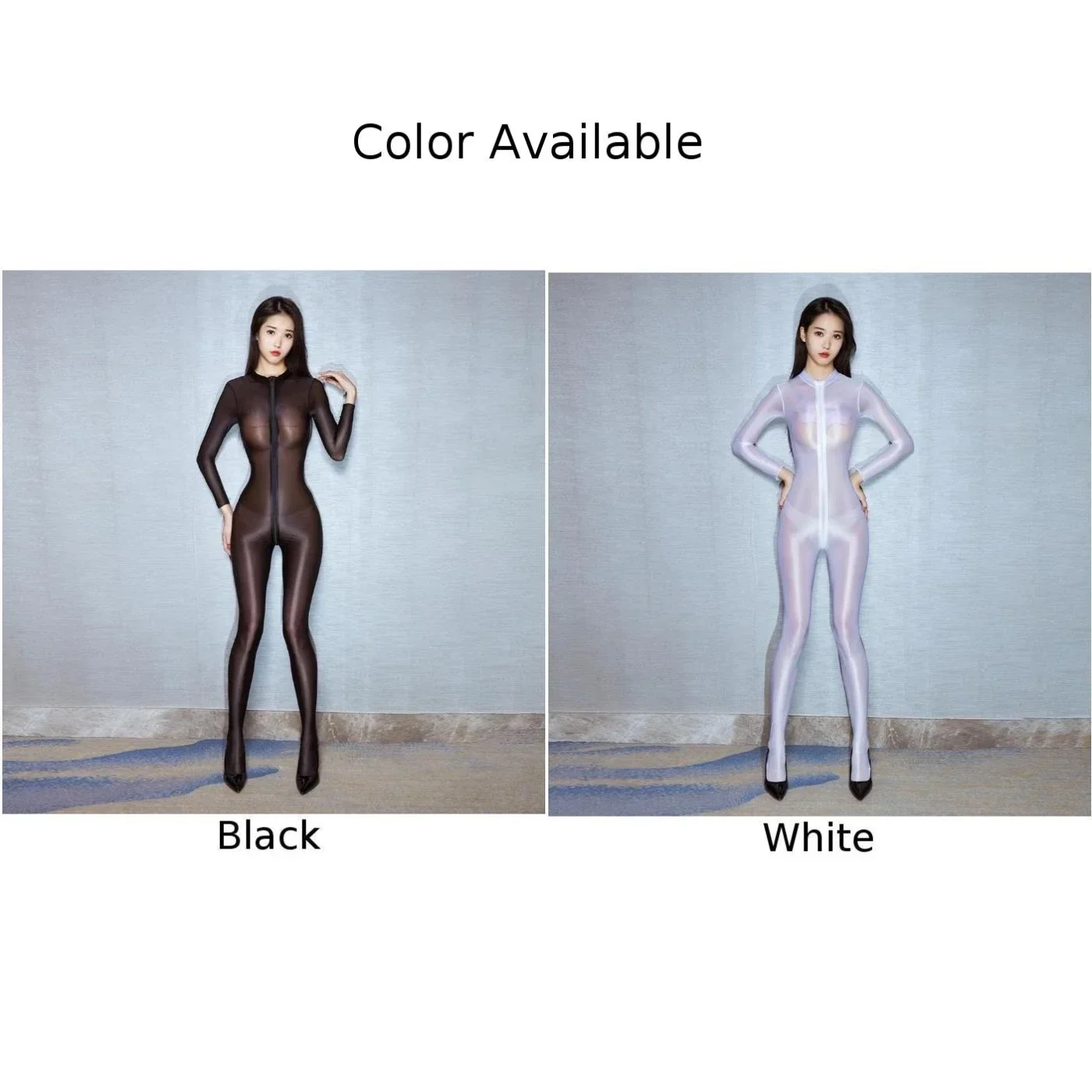 Women Full Body Stockings Oil Shiny Glossy Wetlook Bodysuit 2-Way Zip-Up Jumpsuit Sexy Lingerie Open Crotch Bodycon