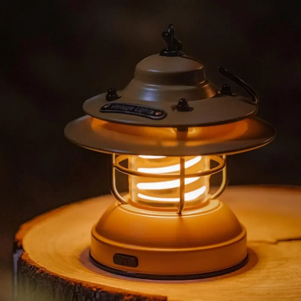 LED Camping Lantern,Mini Rechargeable Retro Warm Camp Light,Metal Vintage Portable Waterproof Hanging Lamp,Outdoor Tent Bulb