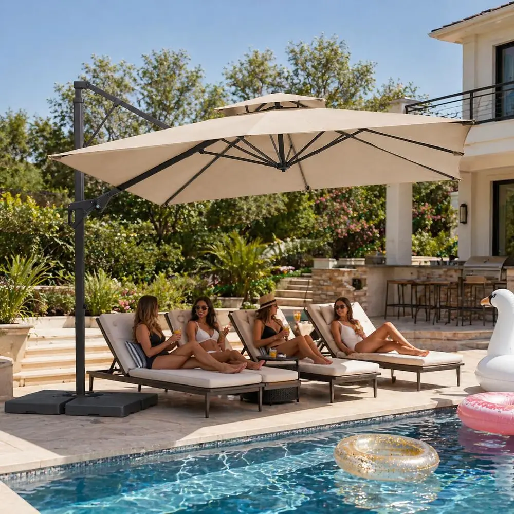

10ft 2Tier Cantilever Patio Umbrella, Large Square Outdoor Offset Umbrella with Double Top Vent and 360degree Rotation for Gard