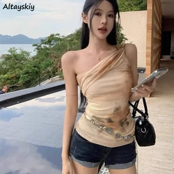 Mesh Printed Camisole Women Oblique Shoulder Chinese Style Vintage Slim Temperament Streetwear Spicy Girls Summer Chic Tops Ins