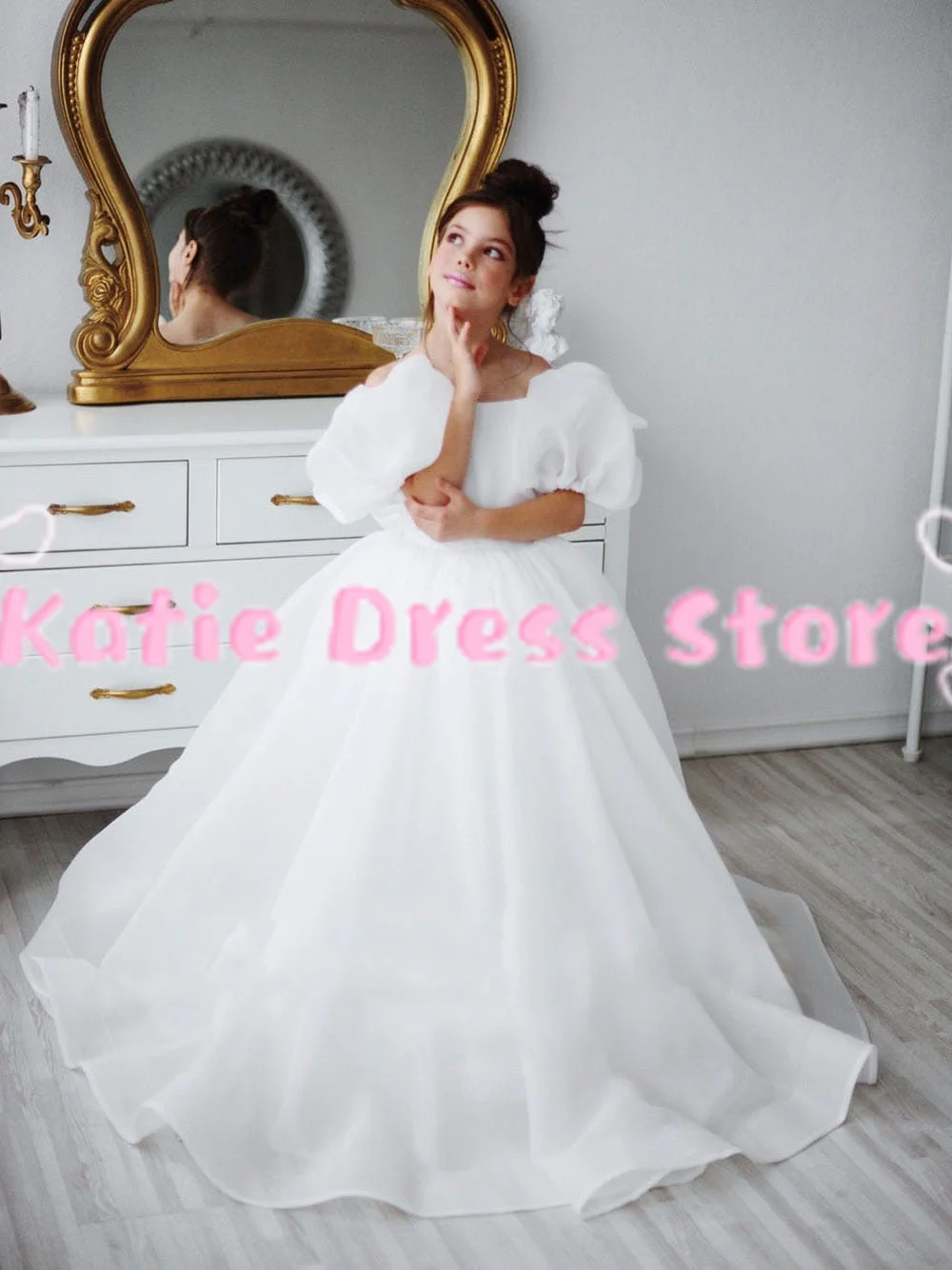 

White Tulle Puffy Flower Girl Dress For Wedding Short Sleeve Bow Kids Birthday Party First Communion Ball Gowns Customized
