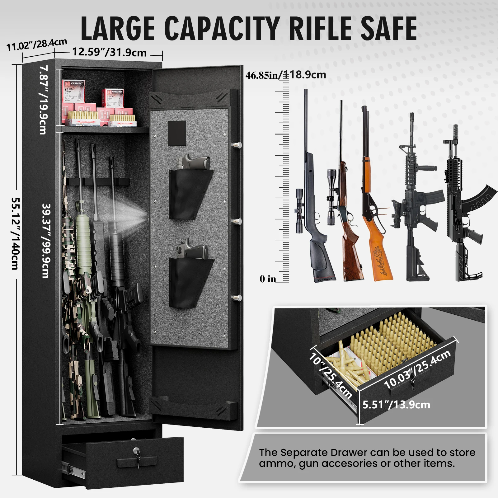 Kavey 4-5 Rifle Safe, Quick Access Gun Cabinets with Drawer and LED Light, Gun Safes & Cabinets with Removable Shelf