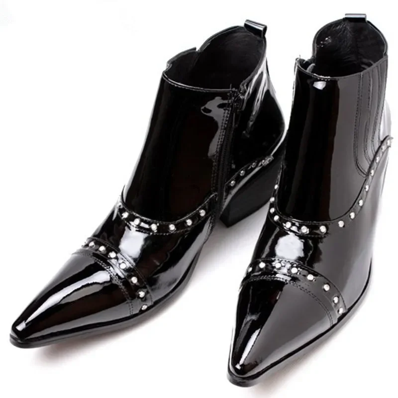 Italian Luxury Pluse Size High Heels Patent Genuine Leather Western Cowboy Boots Studded Black Military Boots Dress Shoes Mens