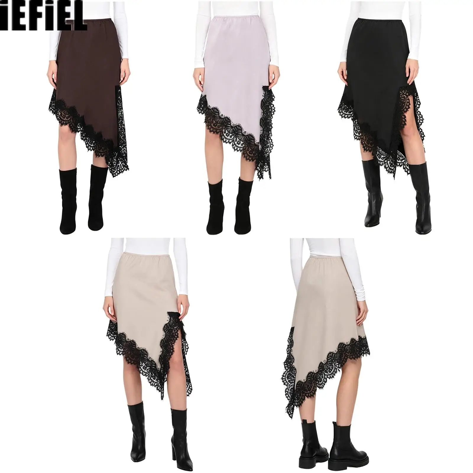 

Women Satiny A-line Skirt Irregular Hem with Eyelash Lace Trim And Side Split Elastic Waistband with Side Zipper Skirt