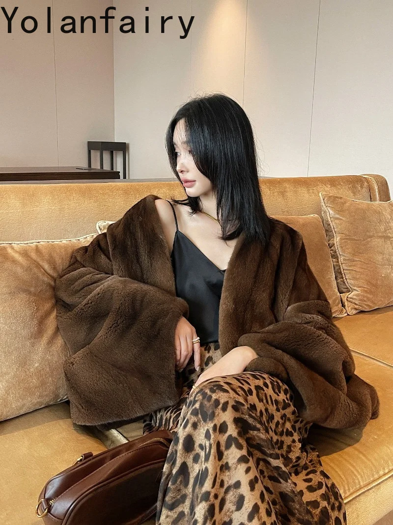 YOLANFAIRYHigh-end Velvet Mink 100% Natural Fur Coat Woman Winter Elegant Real Whole Mink Fur Jacket Bat Sleeves Loose Outerwear