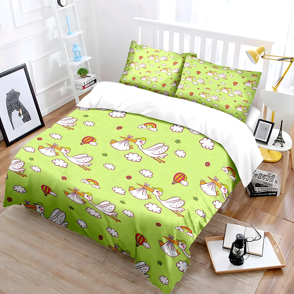 Stork delivering baby cartoon background Print Bedding Set 1 Duvet Cover 2 Pillowcases for Adult Children Luxury Gift Full Size