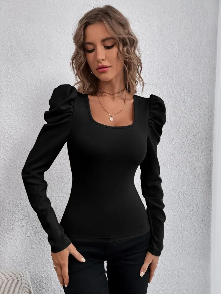 2024 Autumn Winter New Women's Fashion Square Neck Slimming Sheep Leg Sleeve Knitted Long Sleeve T-shirt Commuter Top