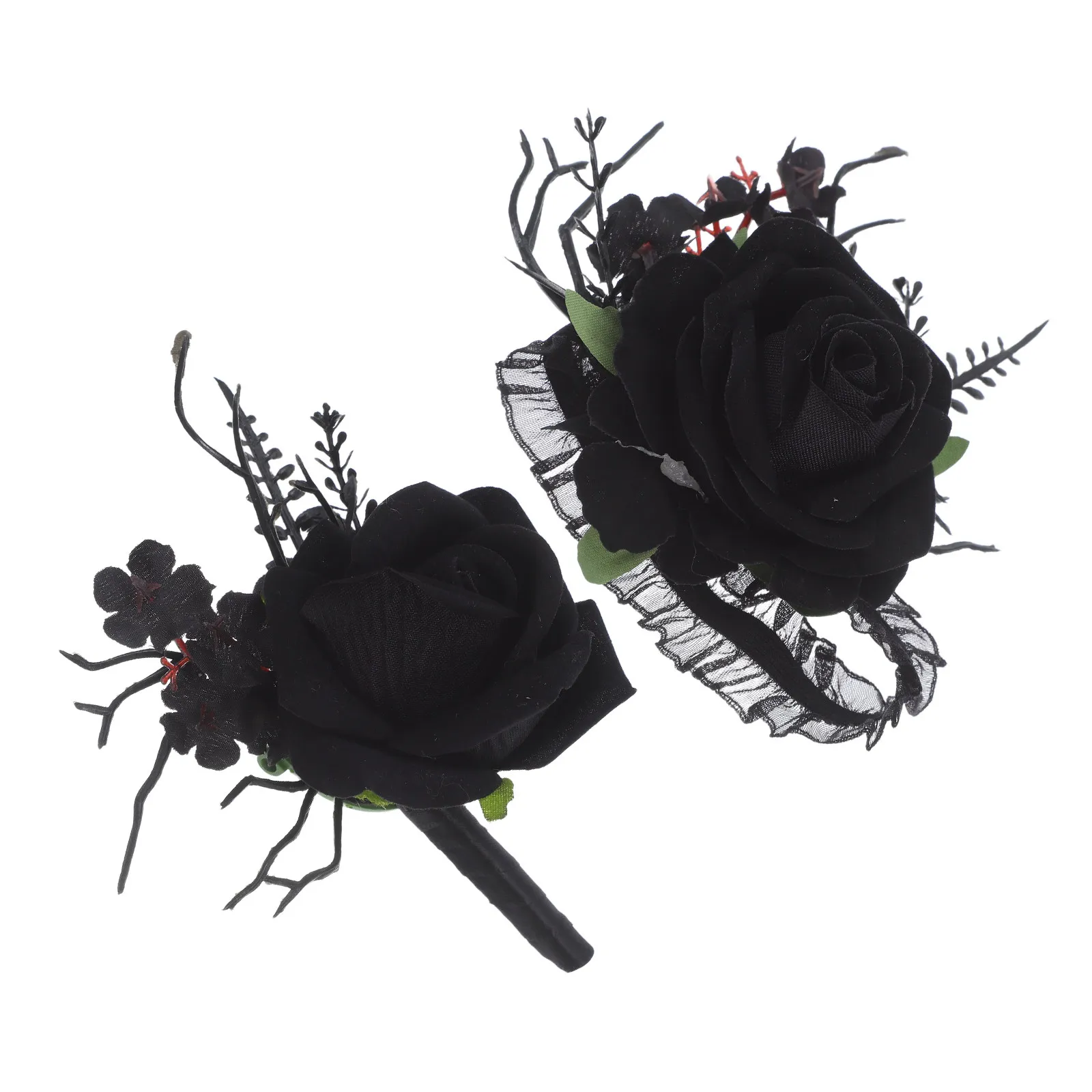 

Gothic Wedding Boutonniere Wrist Corsage Set Faux Black Rose Corsage Black Rose Boutonniere Gothic Bridal Wristlets for Bride