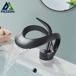 Rozin-Luxury Black Basin Faucet for bathroom, waterfall mixer, brass assembly, modern style, hot and cold water sink mixer, gray crane 12 Main Sales Tap Lavabo Luxury - №5