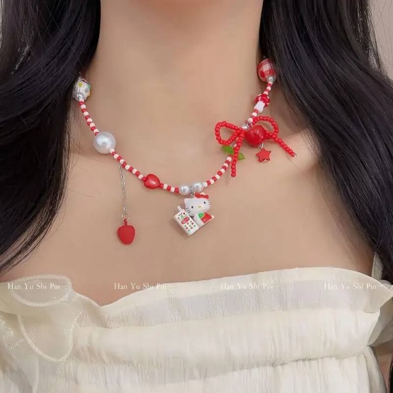 

Аниме Sanrio Hello Kitty, красочный допаминовый бант из бисера, цепочка на ключицу Y2K, ожерелье со звездами и бисером, аксессуары, подарки