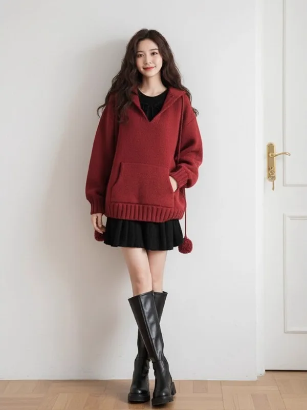 Rode Koreaanse Sle Nieuwjaar Hoed Trui Taille Cinched Dr Herfst Winter Faion Set Casual Lange Sve Hoodie Rok Ensemble