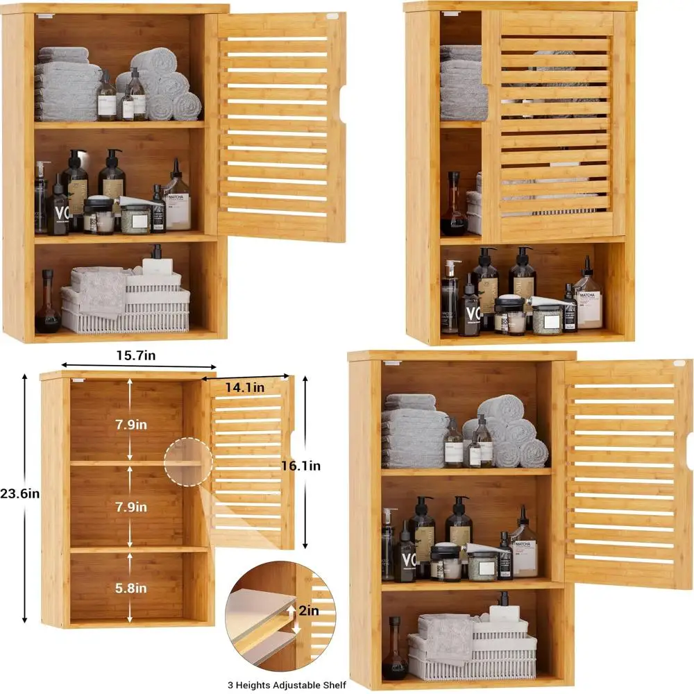 

Wooden Medicine Cabinet with Single Door, Adjustable Shelf, Bamboo Wall-Mounted Storage, 15.7x7.8x23.6