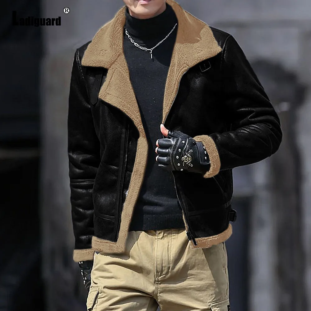 

Ladiguard 2024 American and European Style Cool Fur Collor Outerwear Solid Comfy Plush Jackets Men Fashion Zipper Pocket Jacket