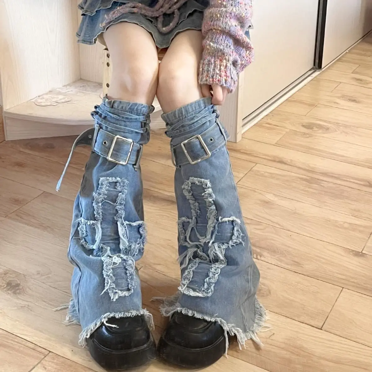 

New Fashion Women Flared Denim Leg Warmers Raw Trim Knee High Socks Aesthetic Boot Cuffs For Streetwear Clothes Accessories